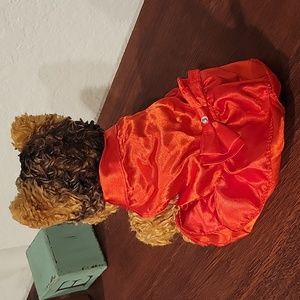 2 Red Satin Dog Dresses with Red Bow and Rhinestone Accent